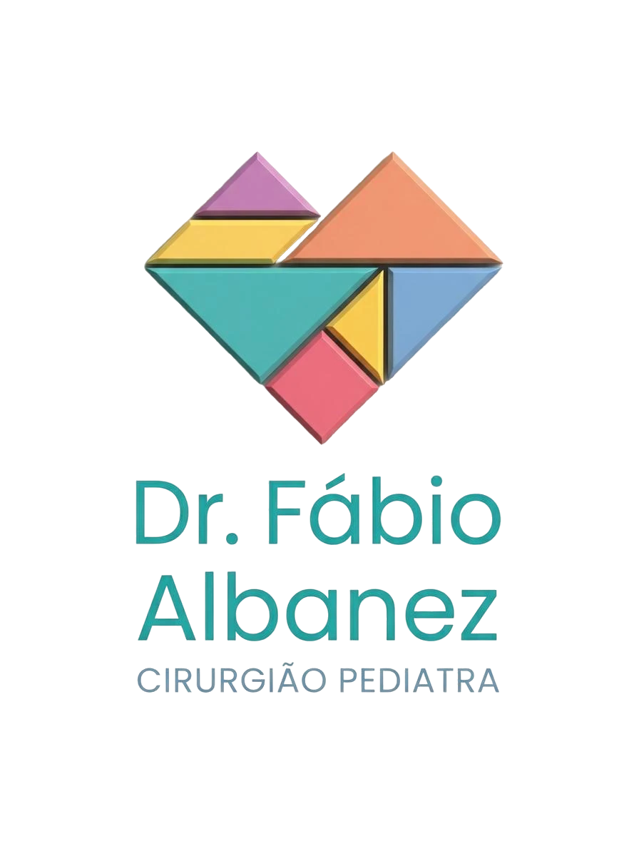 Logo do Dr. Fábio Albanez: coração formado por sete peças de tangram em tons pastéis