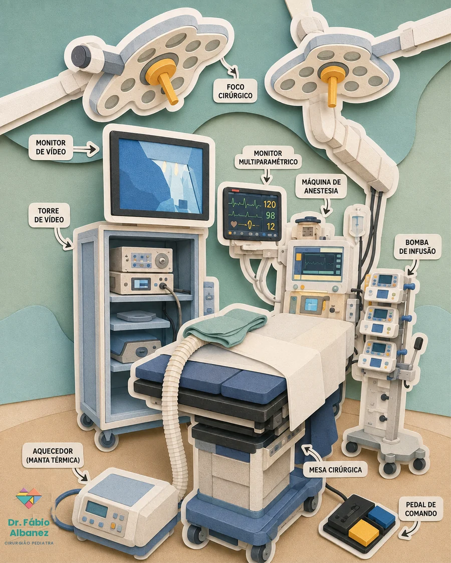 Ilustração de uma sala de cirurgia pediátrica com equipamentos identificados: foco cirúrgico, monitor multiparamétrico, máquina de anestesia, torre e monitor de vídeo, bombas de infusão, mesa cirúrgica, aquecedor com manta térmica e pedal de comando